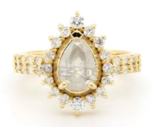 Natural Salt and Pepper Diamond Pear Halo Gold Ring