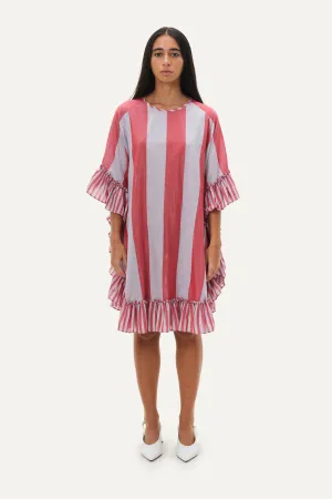 Naushad Ali   I   Kaftan dress Temple stripes Signature Spring Summer 2025 Lilac   coral red Handwoven Silk cotton NA SS24 W12