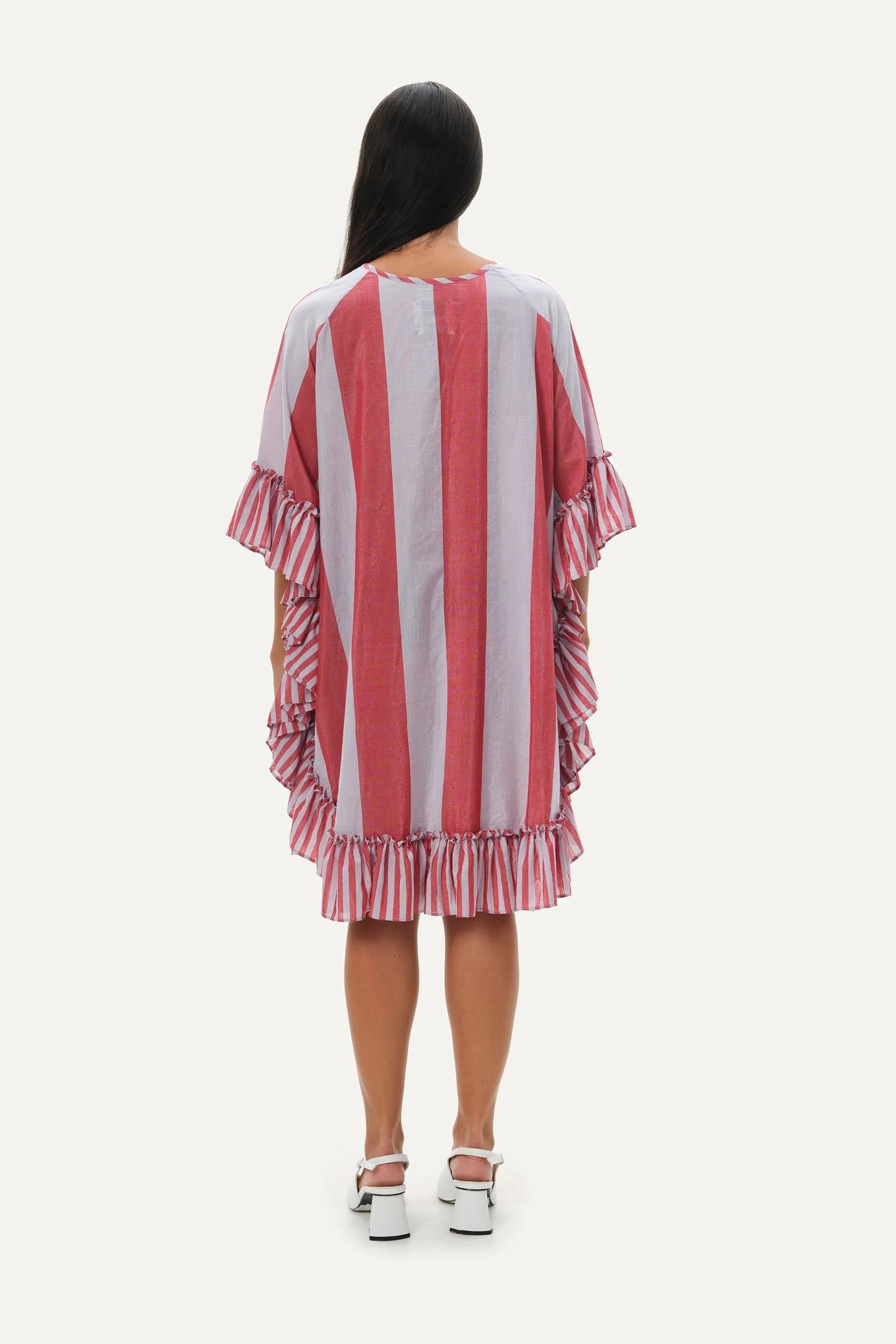 Naushad Ali   I   Kaftan dress Temple stripes Signature Spring Summer 2025 Lilac   coral red Handwoven Silk cotton NA SS24 W12