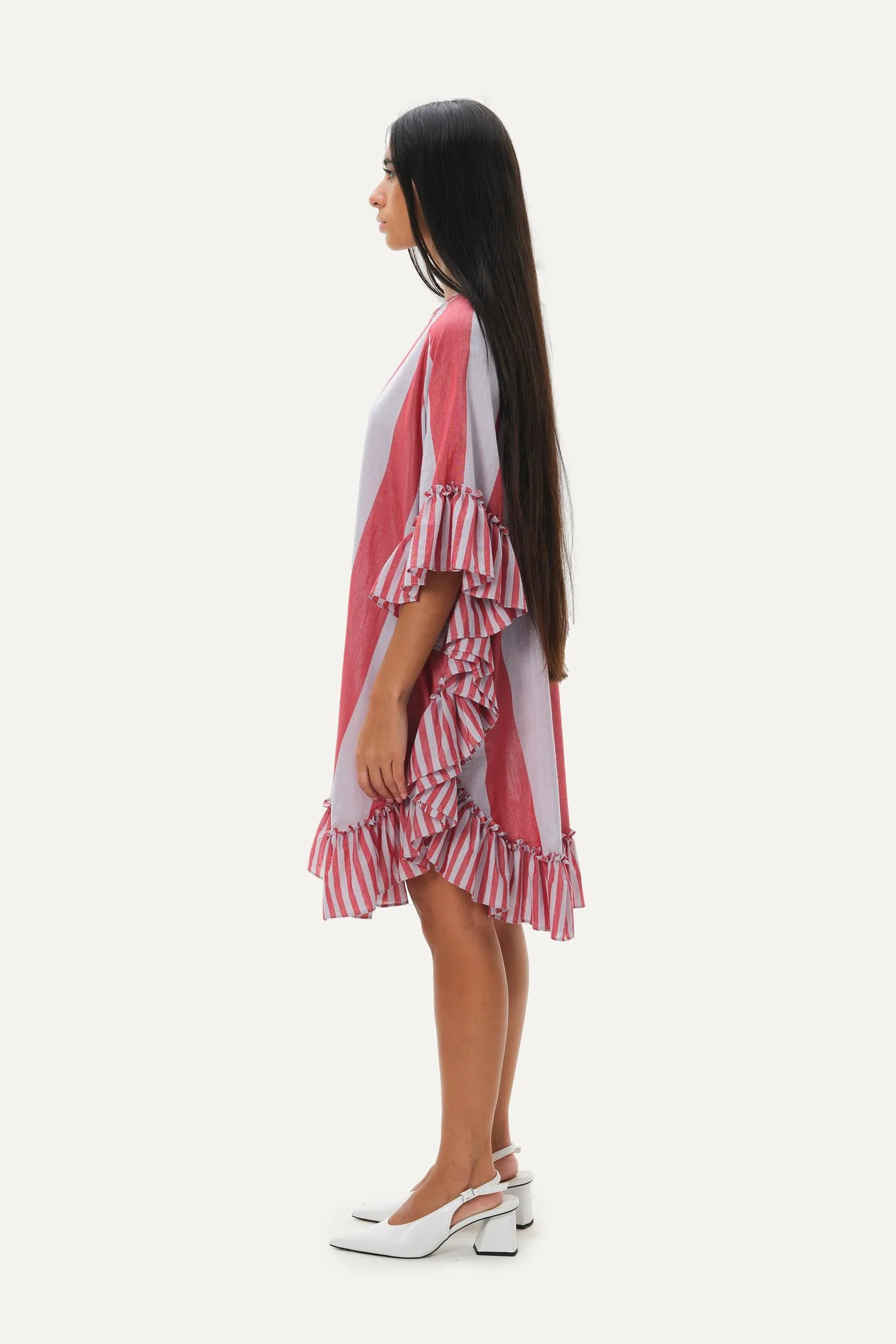 Naushad Ali   I   Kaftan dress Temple stripes Signature Spring Summer 2025 Lilac   coral red Handwoven Silk cotton NA SS24 W12