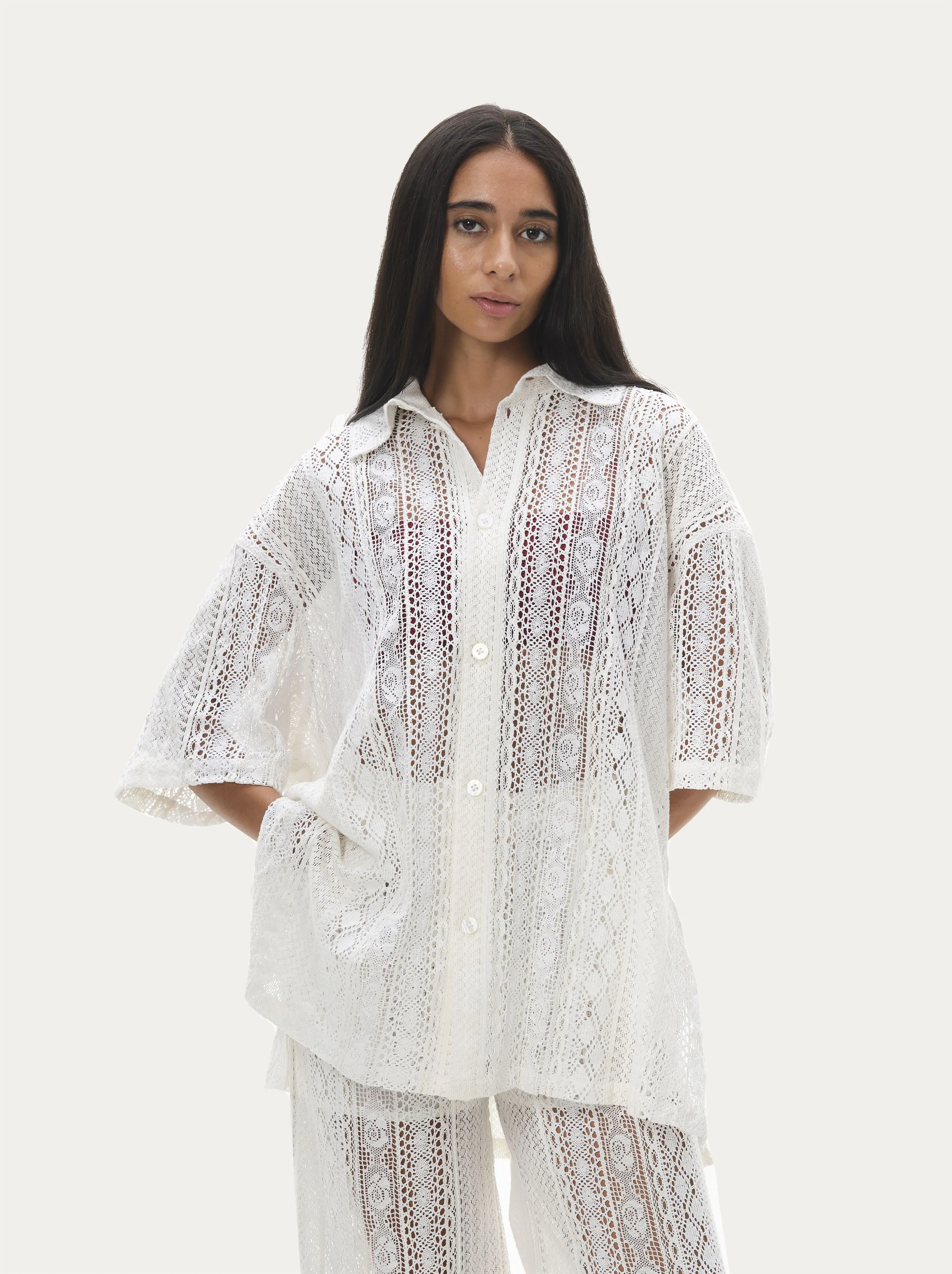 Naushad Ali   I   Lace button-down shirt White Signature Spring Summer 2025 White Cotton lace NA SS24 W28T