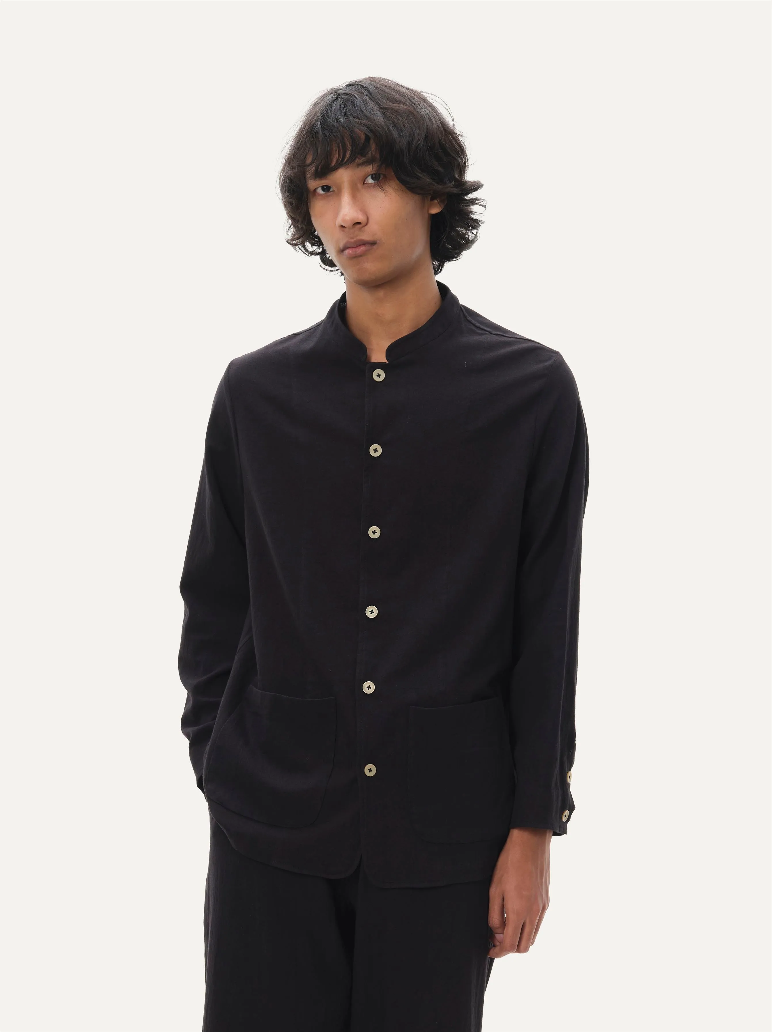 Naushad Ali I Nehru collar shirt,Black Signature Spring Summer 2025 Crushed cotton Black NA SS24 M09T