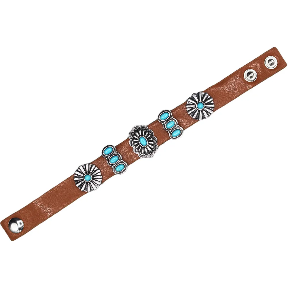 Neches Leather Concho Bracelet and Earrings - Turquoise