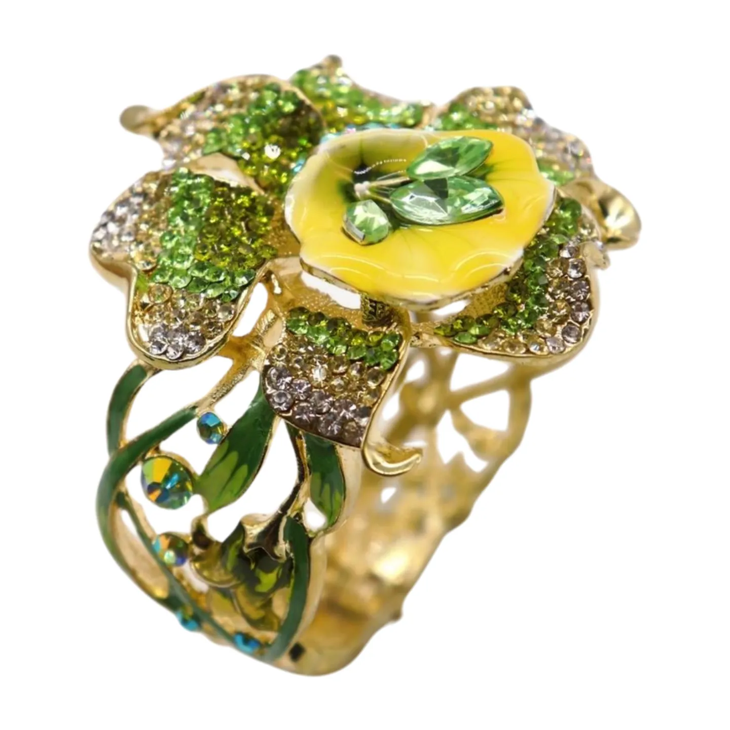 New Women Gold Metal Yellow Green Flowers Cuff Bracelet Fashion Jewelry Bouquet