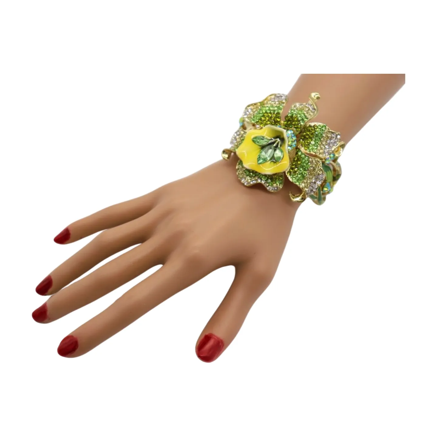 New Women Gold Metal Yellow Green Flowers Cuff Bracelet Fashion Jewelry Bouquet