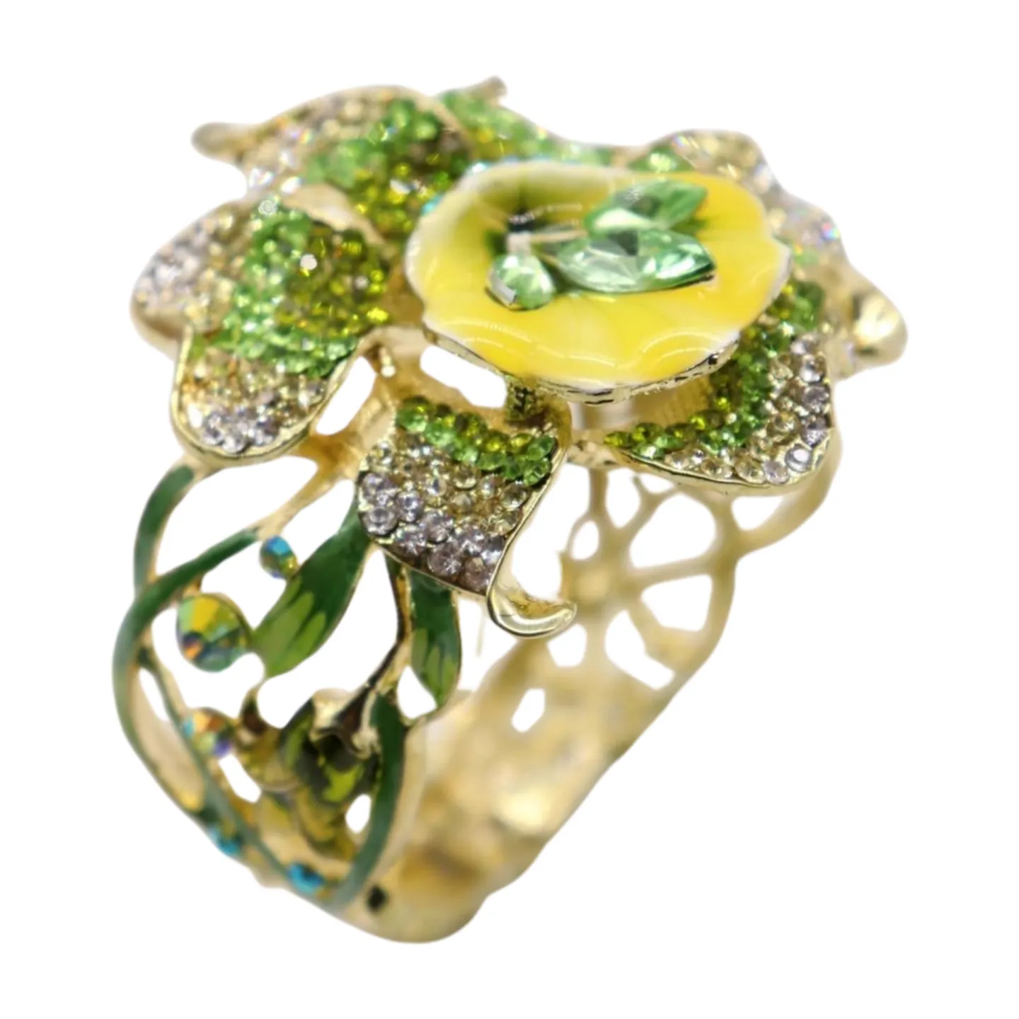 New Women Gold Metal Yellow Green Flowers Cuff Bracelet Fashion Jewelry Bouquet