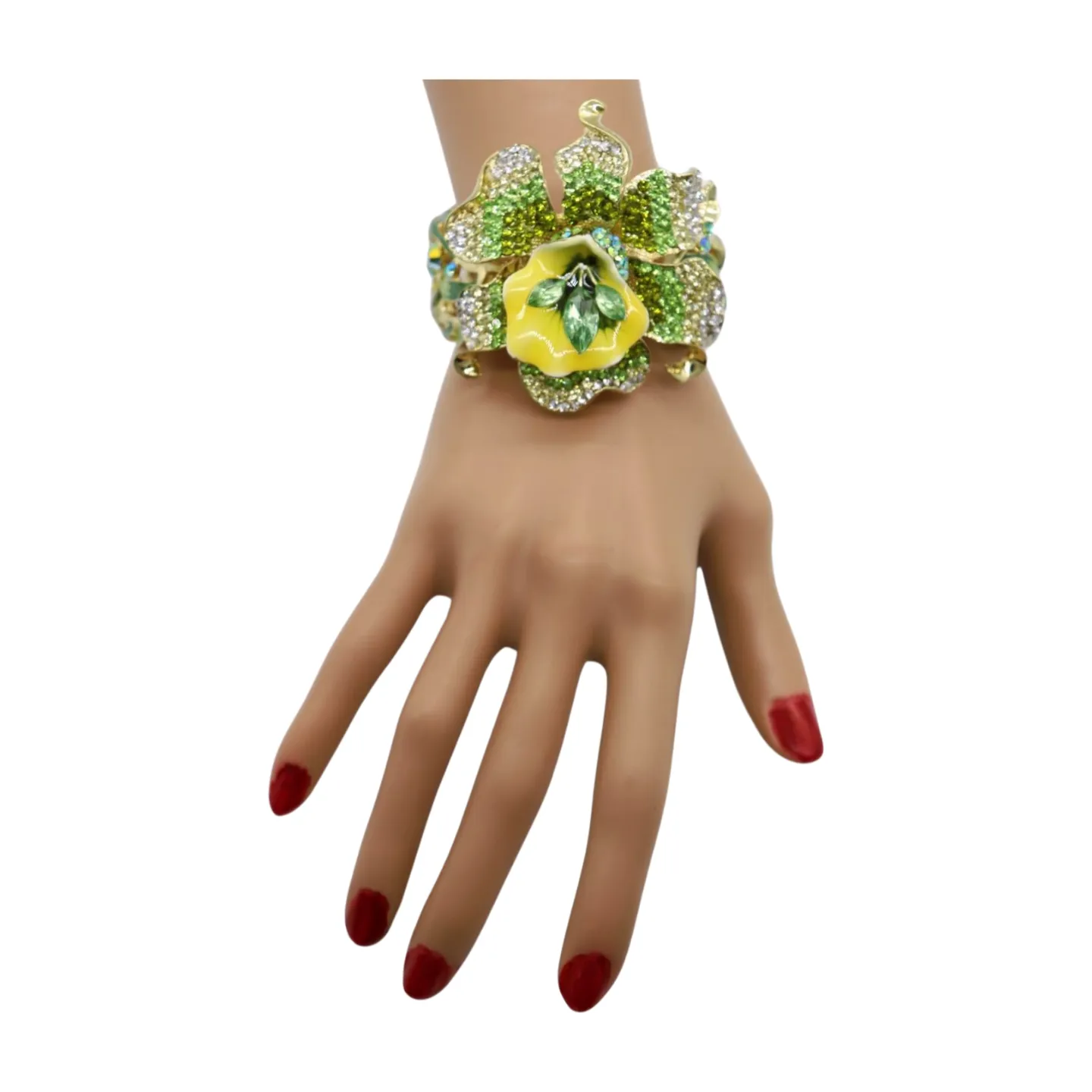 New Women Gold Metal Yellow Green Flowers Cuff Bracelet Fashion Jewelry Bouquet