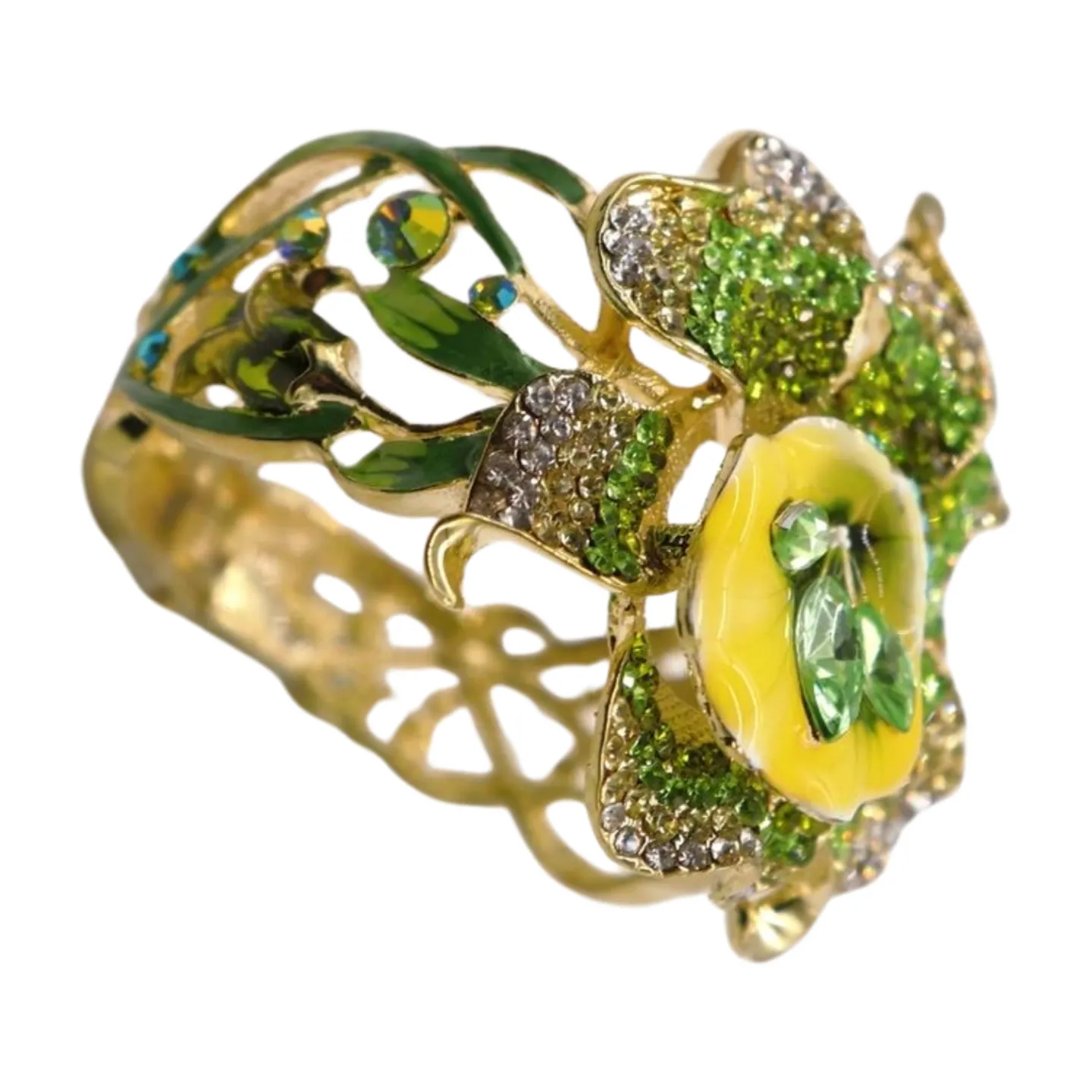 New Women Gold Metal Yellow Green Flowers Cuff Bracelet Fashion Jewelry Bouquet