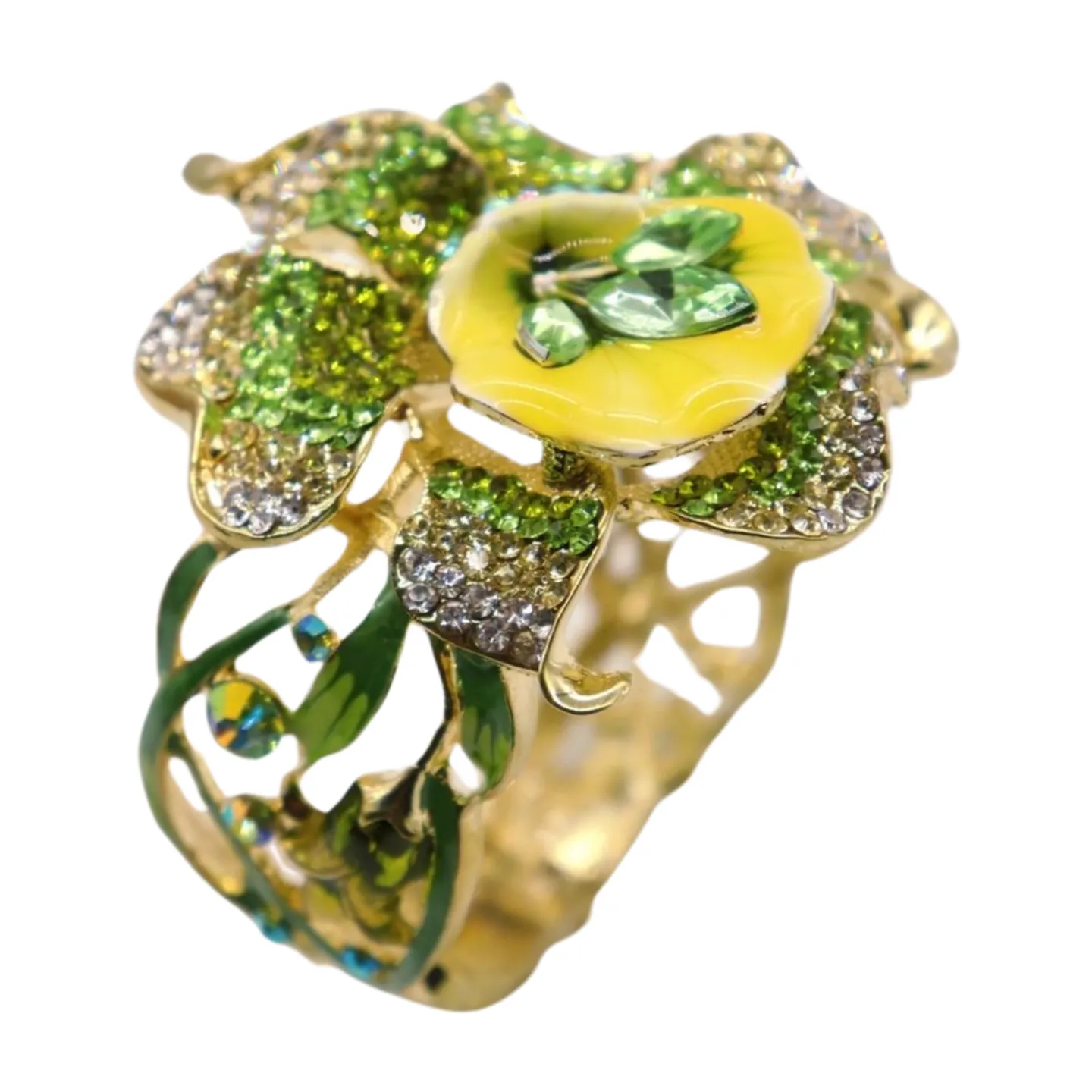 New Women Gold Metal Yellow Green Flowers Cuff Bracelet Fashion Jewelry Bouquet