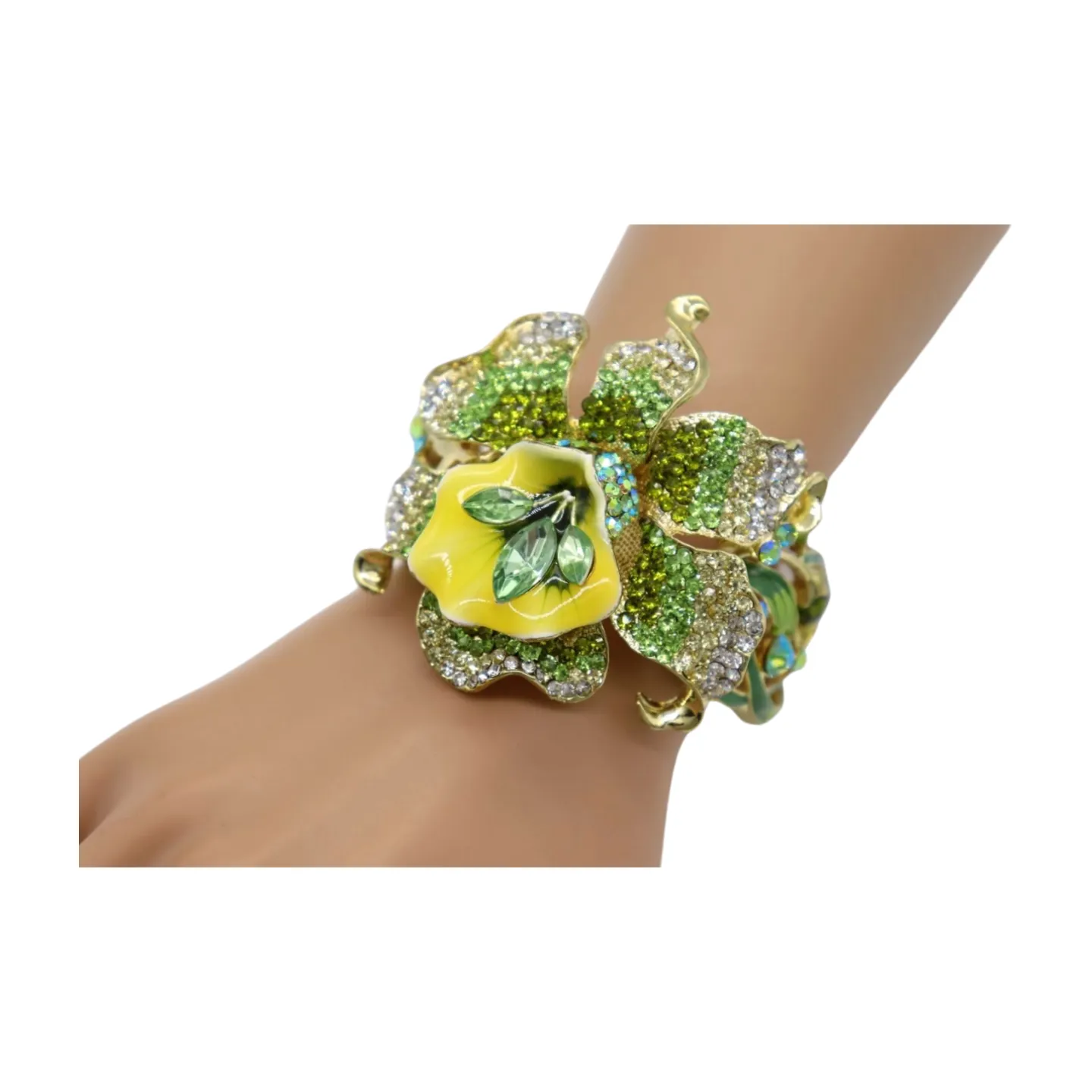 New Women Gold Metal Yellow Green Flowers Cuff Bracelet Fashion Jewelry Bouquet