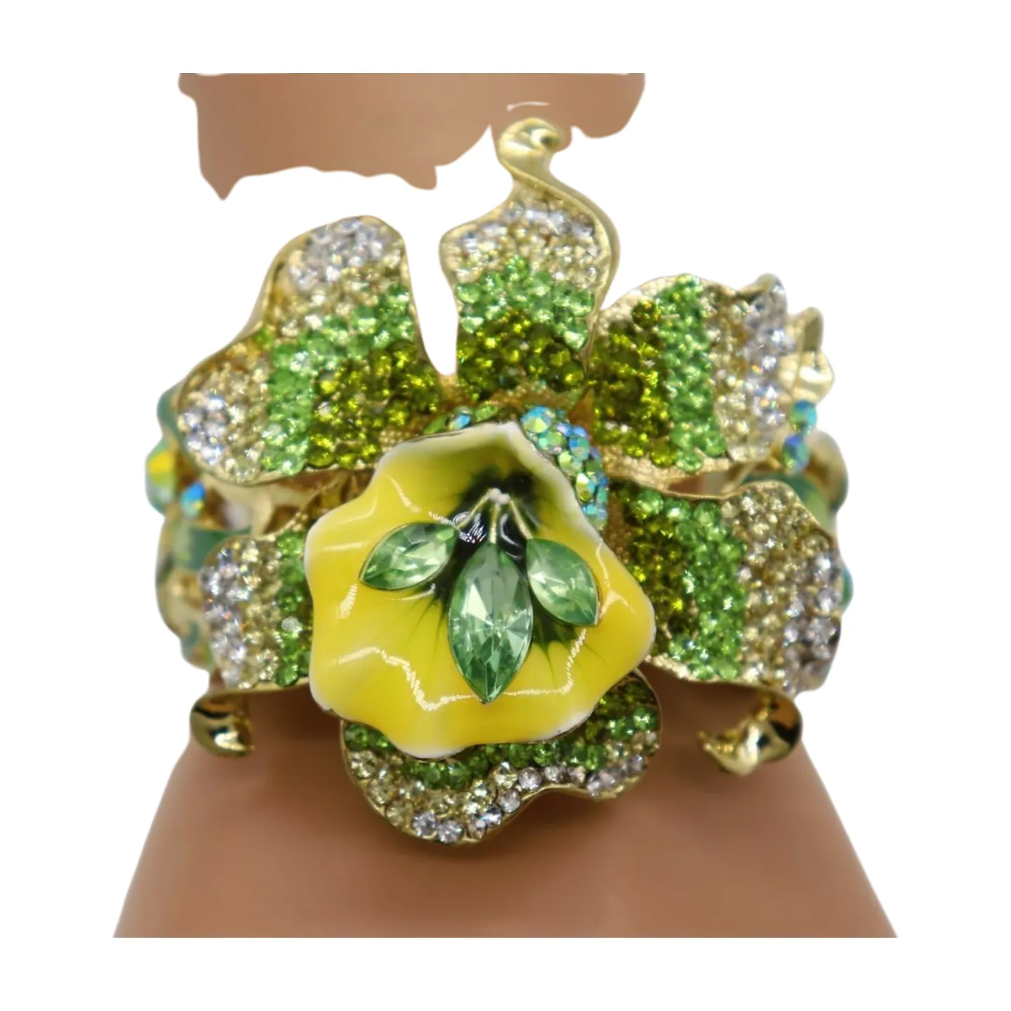 New Women Gold Metal Yellow Green Flowers Cuff Bracelet Fashion Jewelry Bouquet