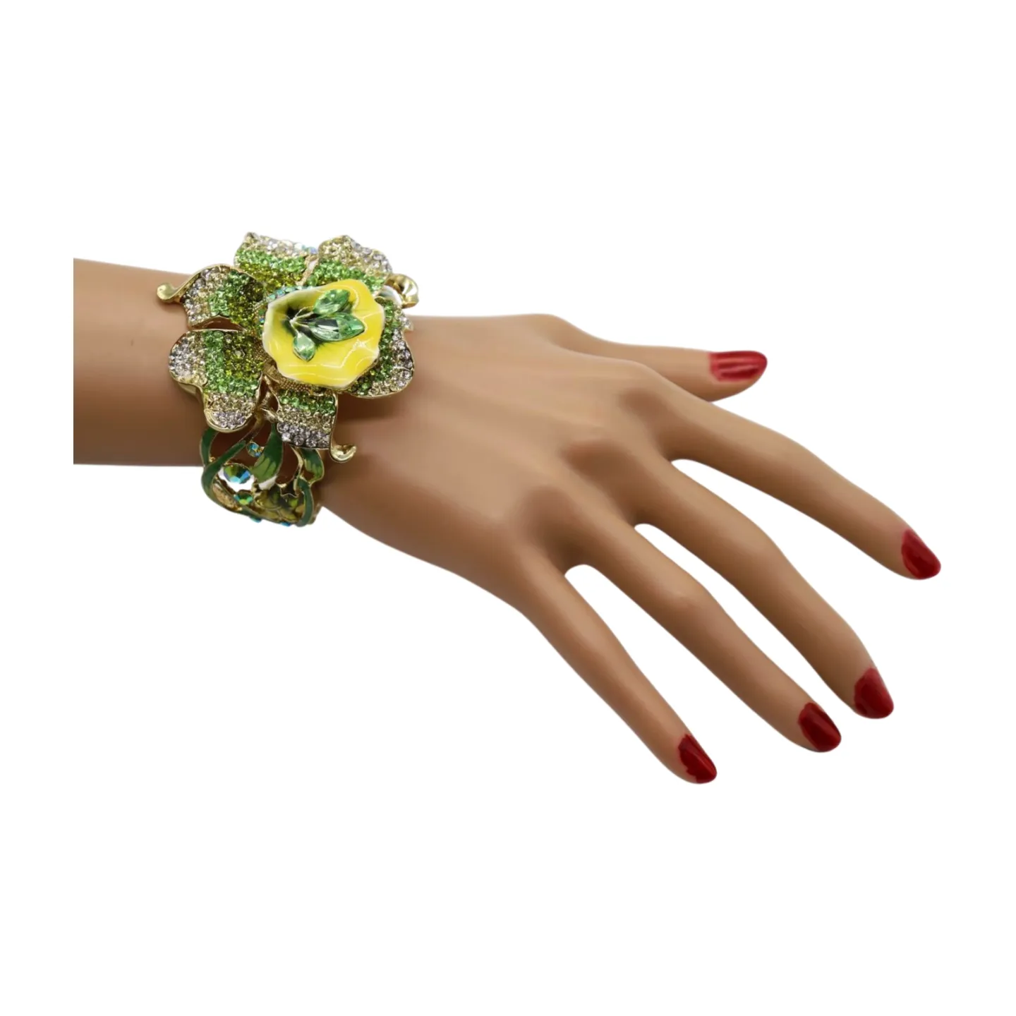 New Women Gold Metal Yellow Green Flowers Cuff Bracelet Fashion Jewelry Bouquet