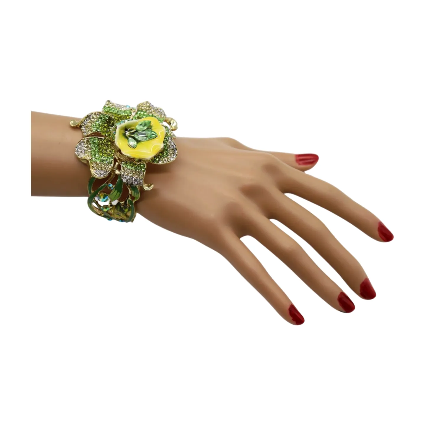 New Women Gold Metal Yellow Green Flowers Cuff Bracelet Fashion Jewelry Bouquet