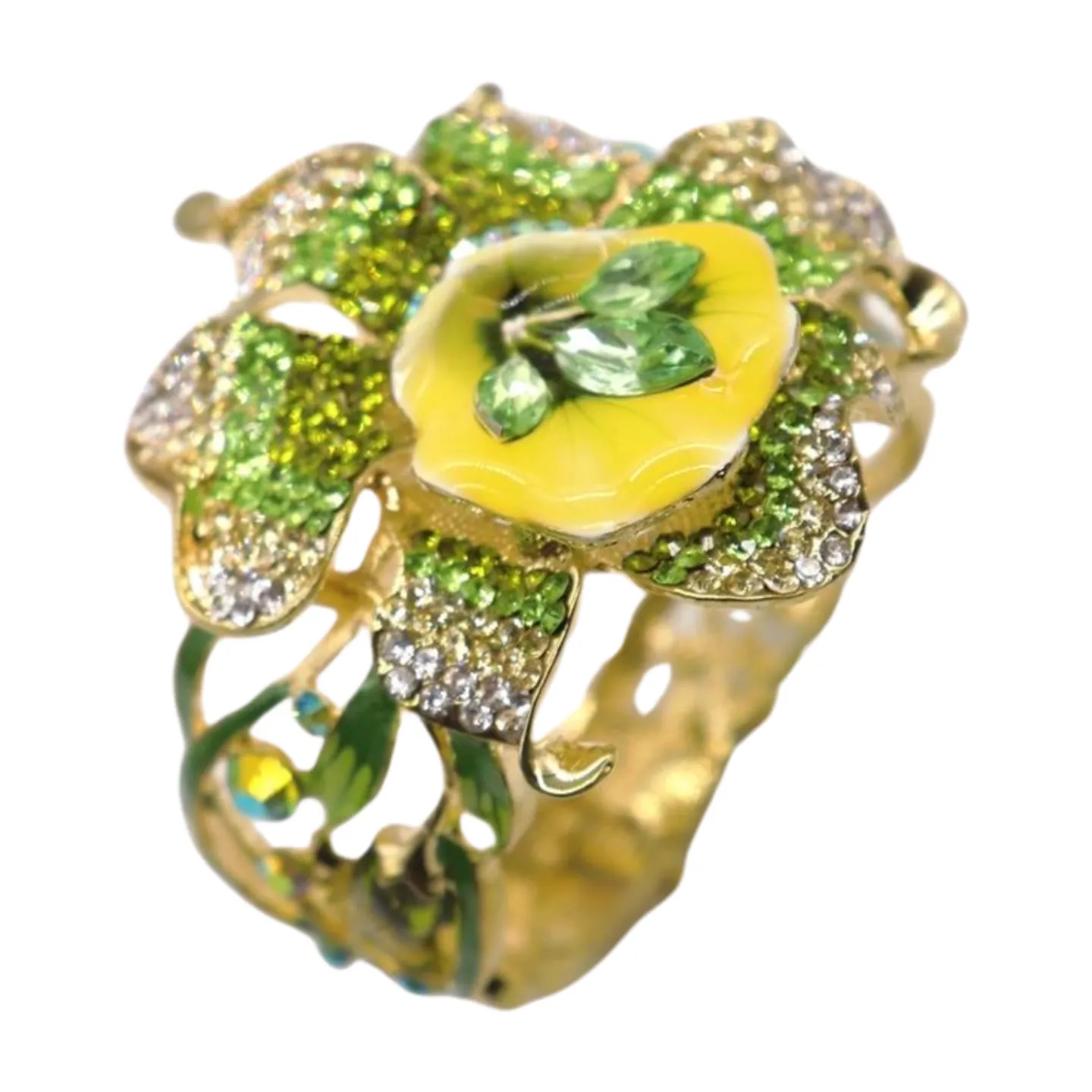 New Women Gold Metal Yellow Green Flowers Cuff Bracelet Fashion Jewelry Bouquet
