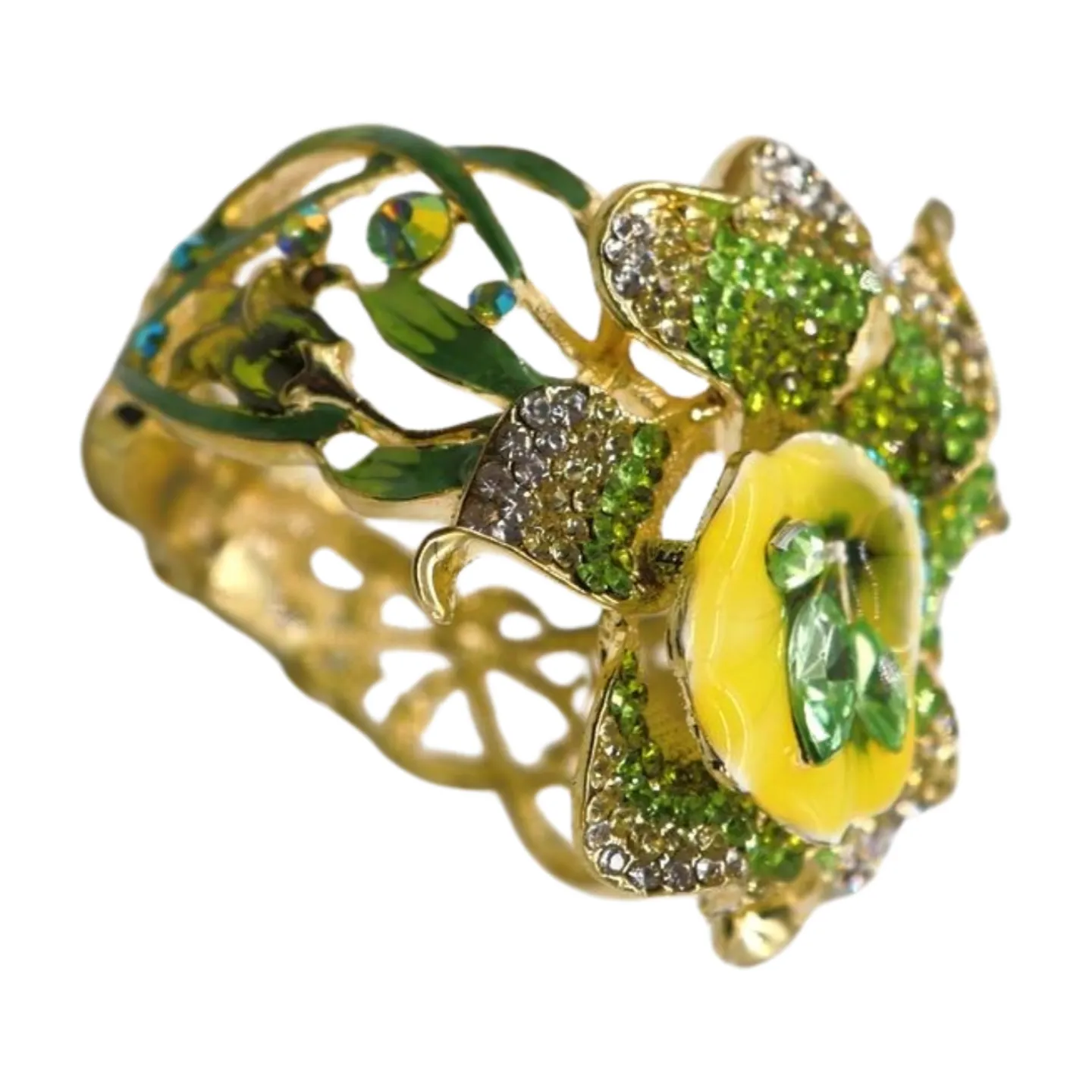 New Women Gold Metal Yellow Green Flowers Cuff Bracelet Fashion Jewelry Bouquet