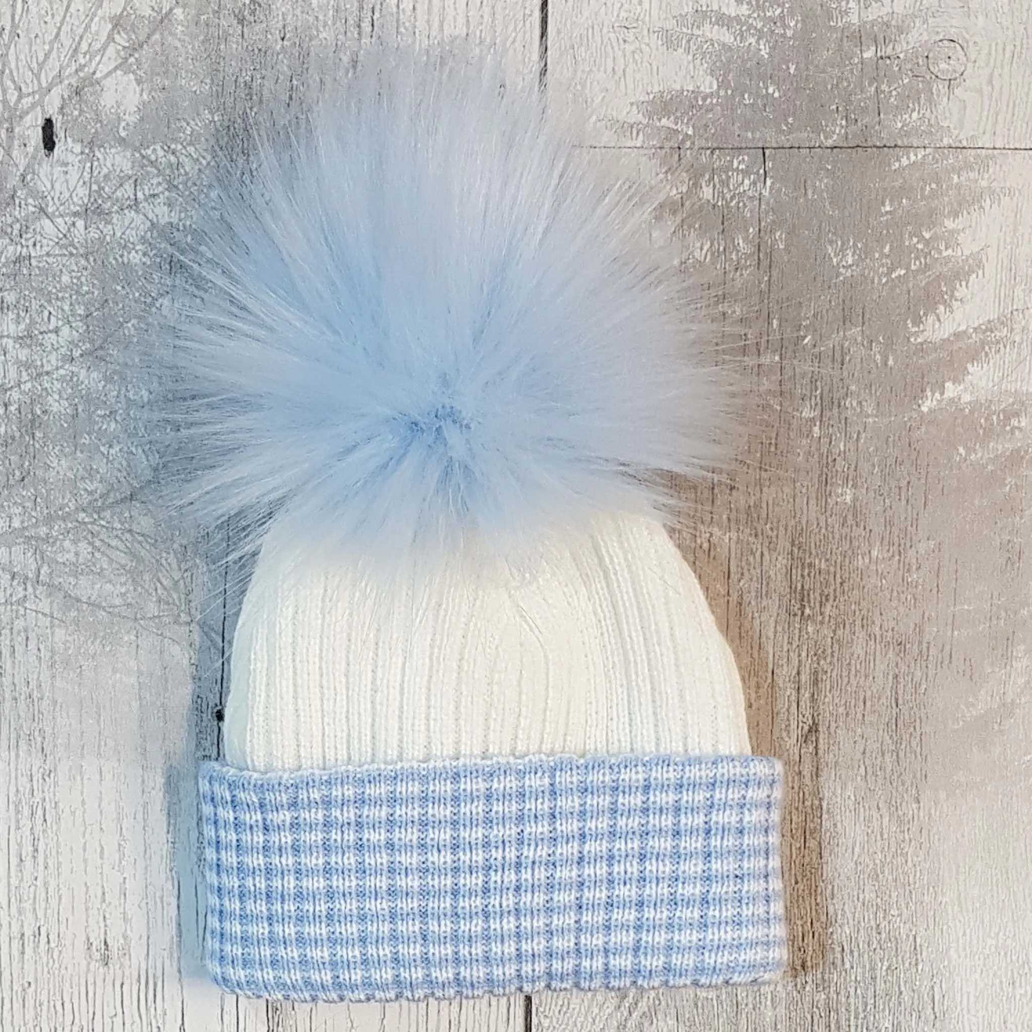Newborn Baby White Blue Faux Fur Pom Pom Hat