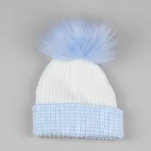 Newborn Baby White Blue Faux Fur Pom Pom Hat