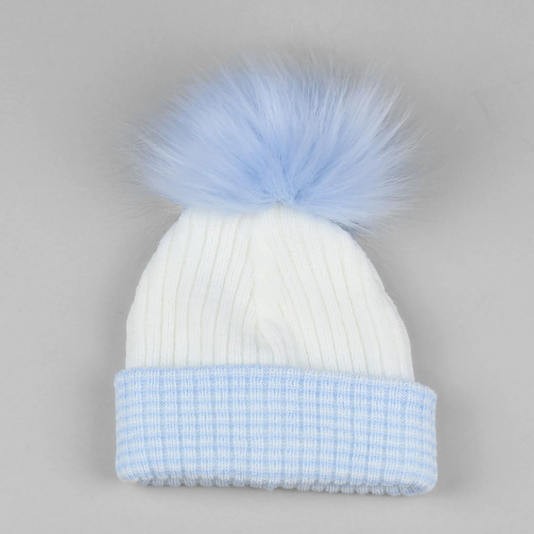 Newborn Baby White Blue Faux Fur Pom Pom Hat