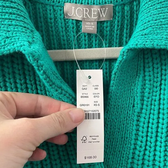 NWT J. Crew 2023 XS-S Ribbed Cotton Johnny Collar Sweater Polo Green BS966