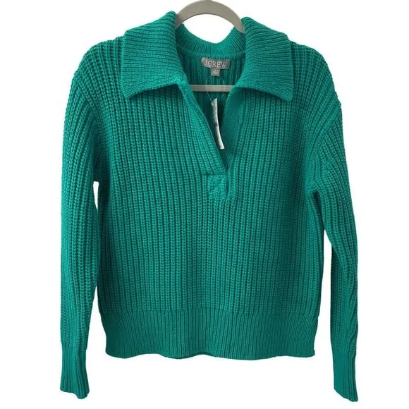 NWT J. Crew 2023 XS-S Ribbed Cotton Johnny Collar Sweater Polo Green BS966