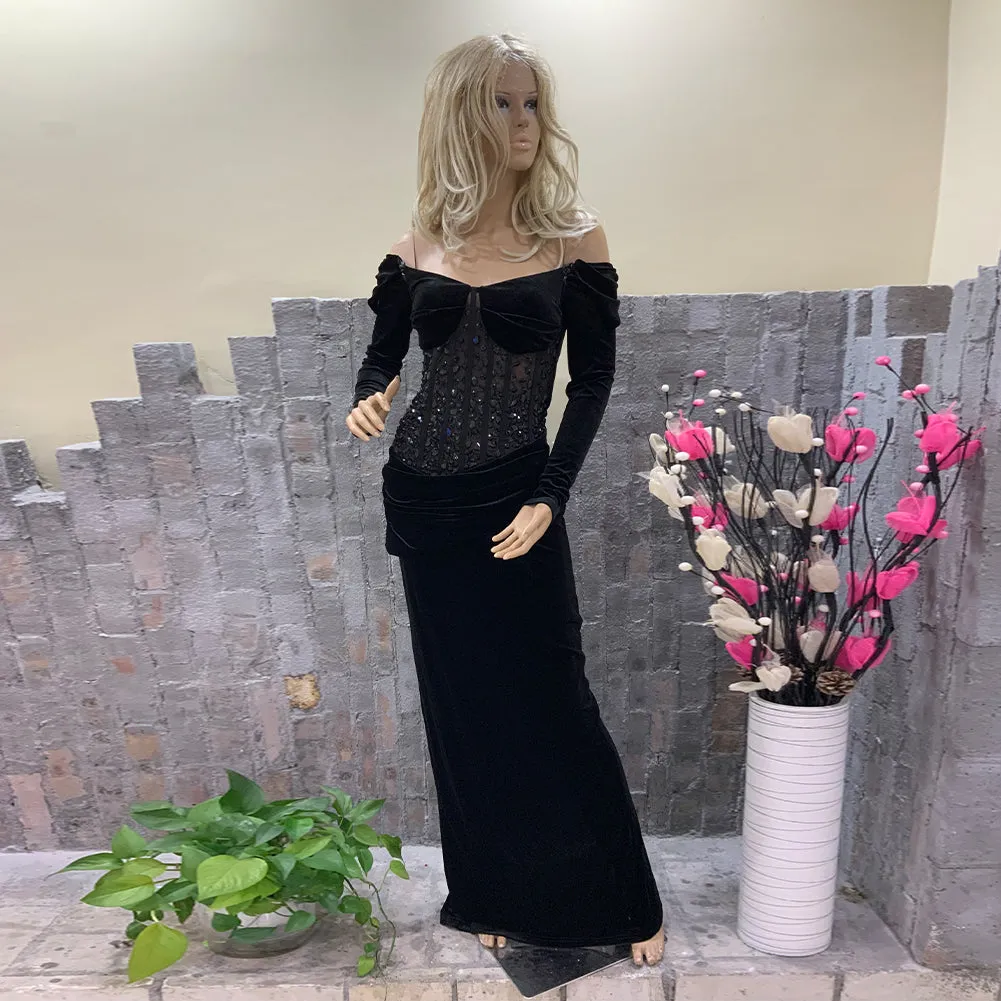 Off Shoulder Long Sleeve Delicate Maxi Bodycon Dress HT1138