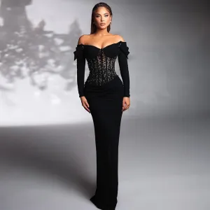 Off Shoulder Long Sleeve Delicate Maxi Bodycon Dress HT1138