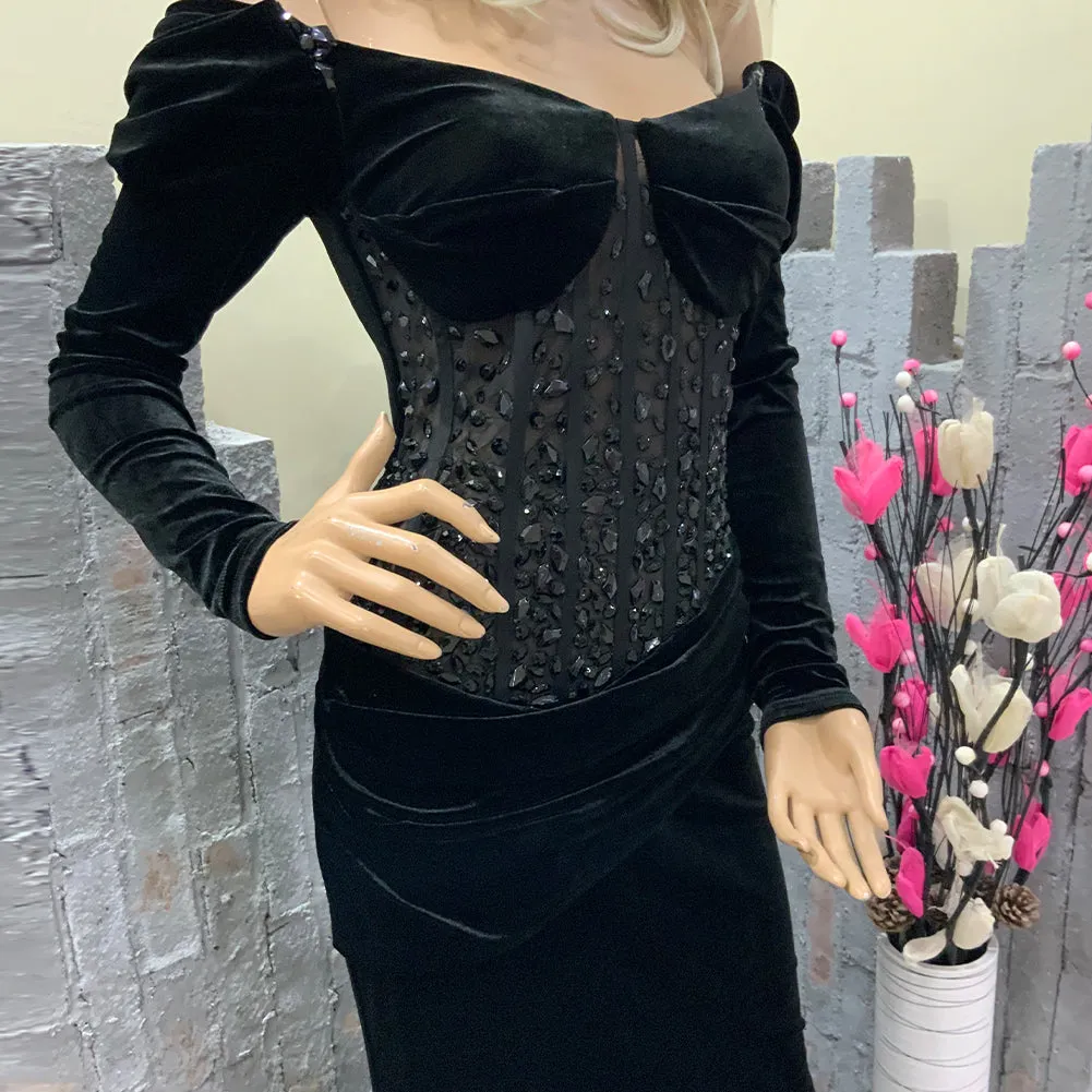 Off Shoulder Long Sleeve Delicate Maxi Bodycon Dress HT1138