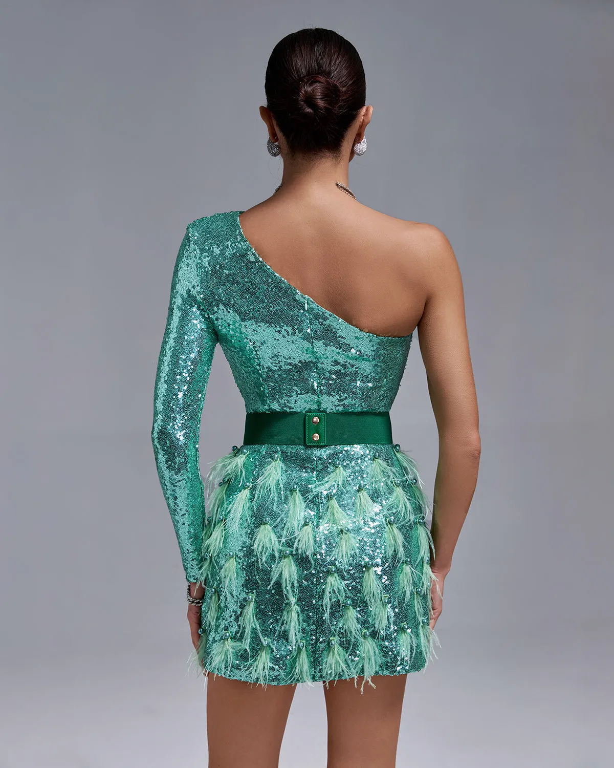 One Shoulder Sequins&Feather Cocktail Dress