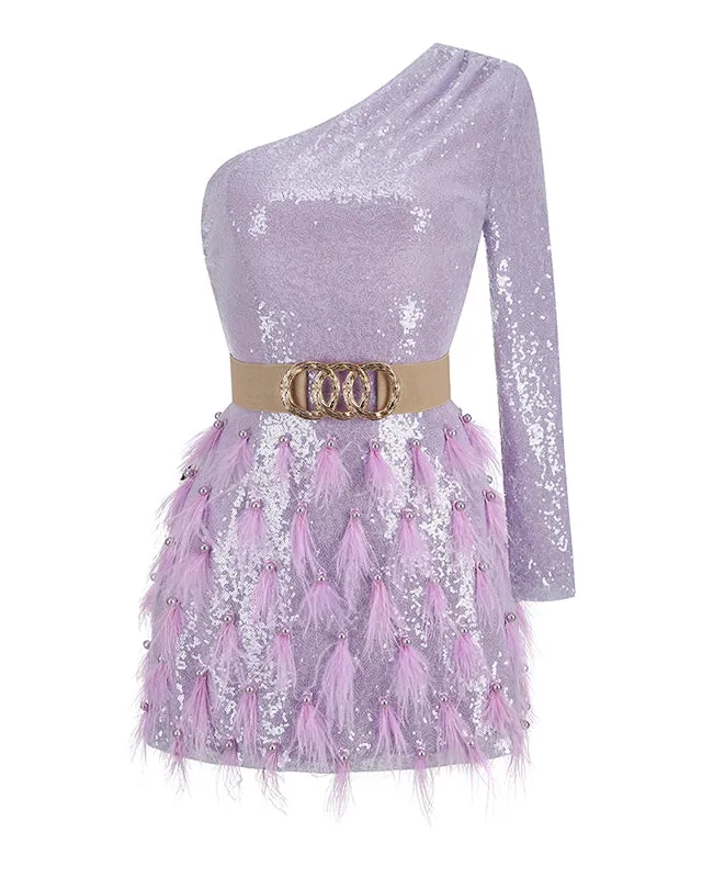 One Shoulder Sequins&Feather Cocktail Dress