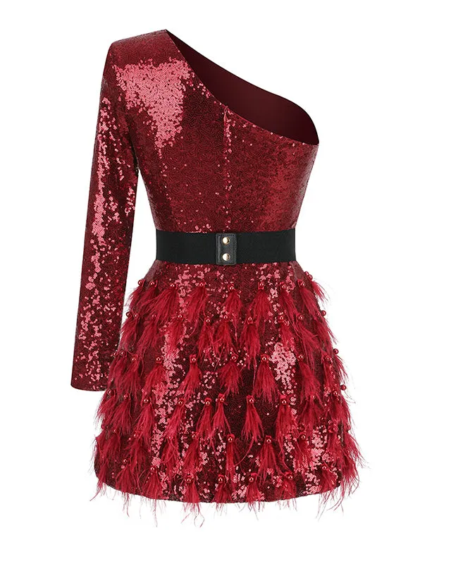 One Shoulder Sequins&Feather Cocktail Dress