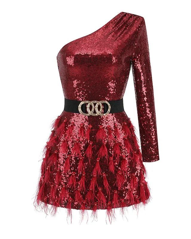 One Shoulder Sequins&Feather Cocktail Dress