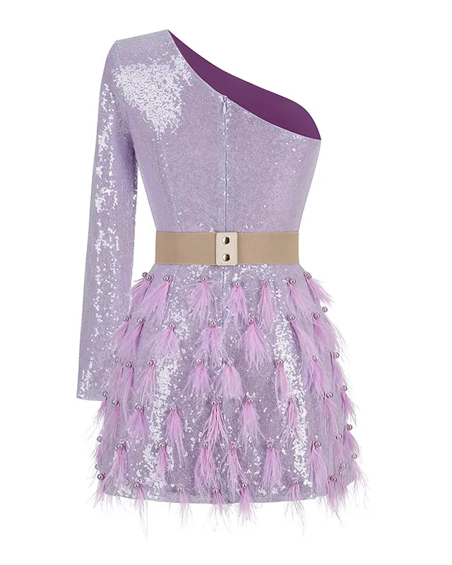 One Shoulder Sequins&Feather Cocktail Dress