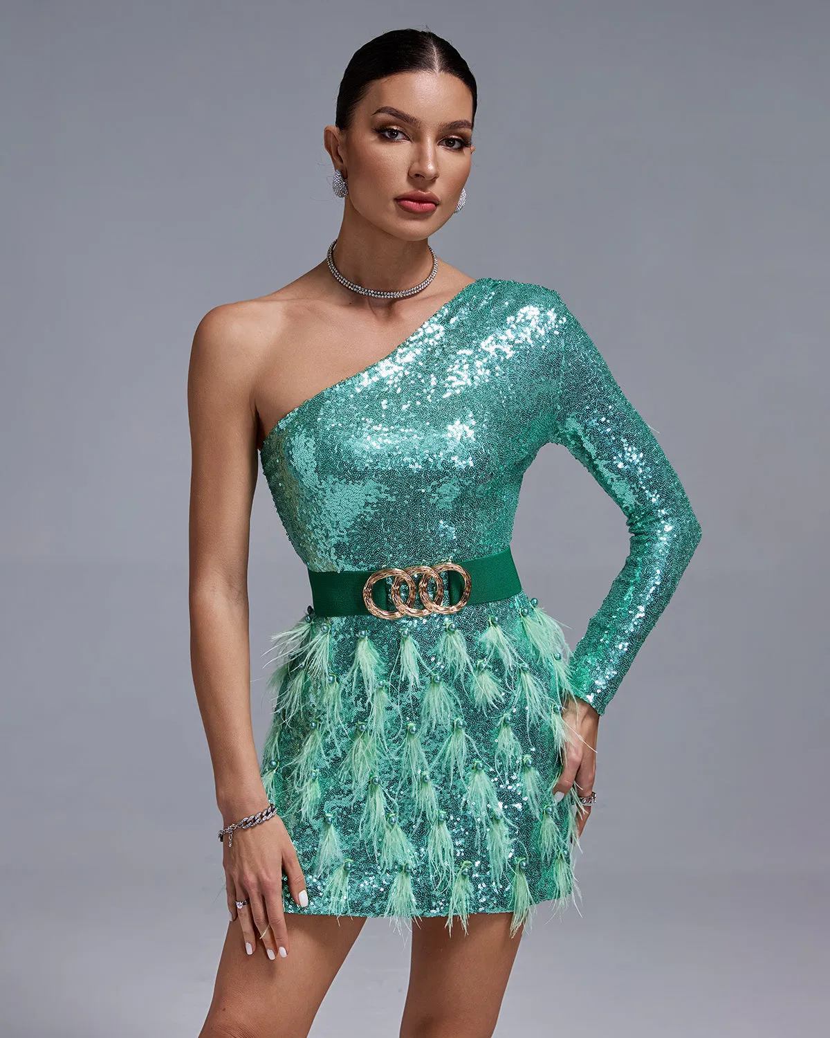 One Shoulder Sequins&Feather Cocktail Dress