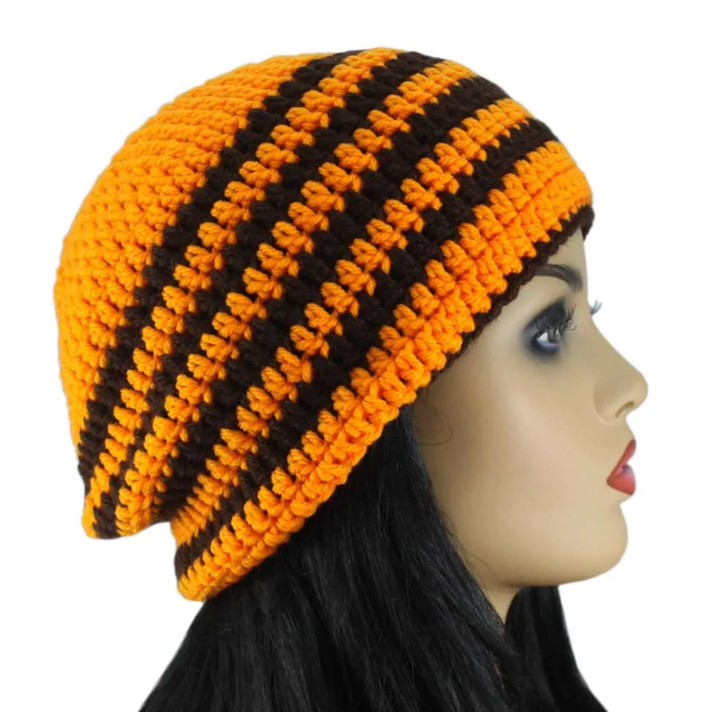 Orange with Brown Stripes Crochet Beanie Hat Medium/Large - STXH25ML
