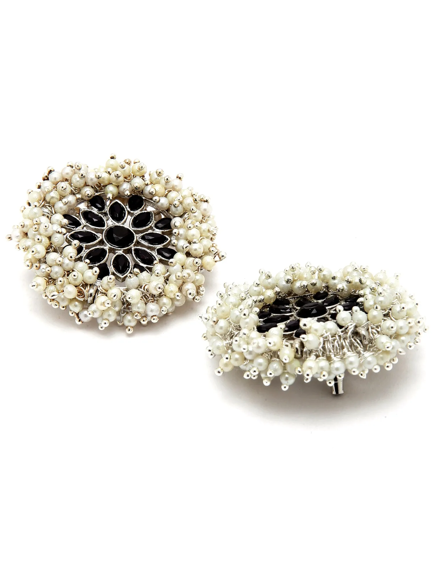 Oxidised Silver Black Kundan Pearl Stud Earrings for Women
