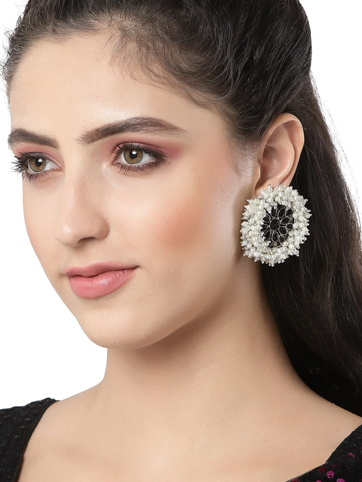 Oxidised Silver Black Kundan Pearl Stud Earrings for Women