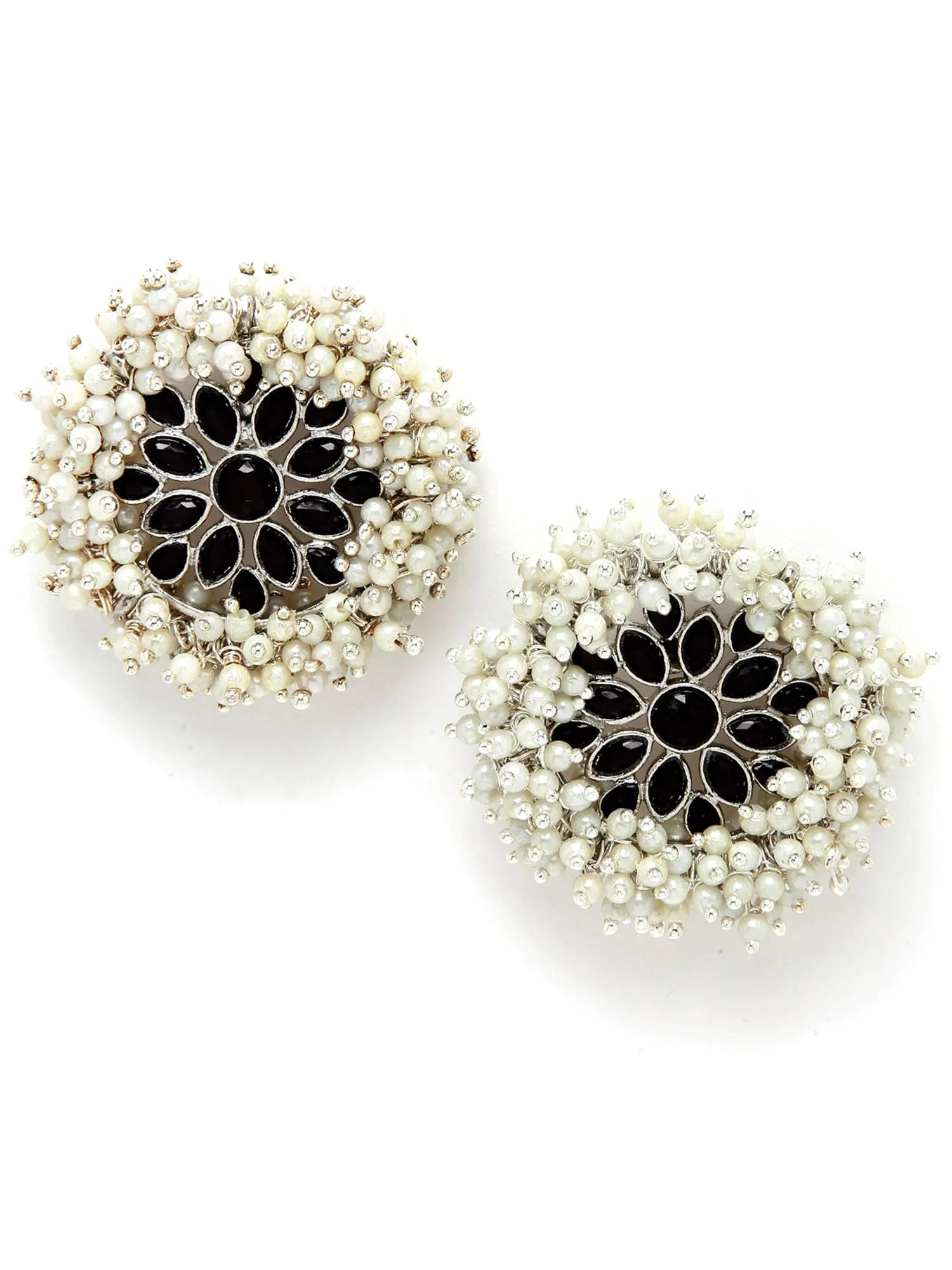 Oxidised Silver Black Kundan Pearl Stud Earrings for Women