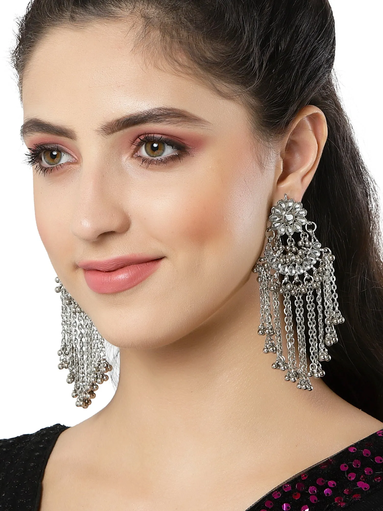 Oxidised Silver Kundan Tassel Earrings for Women