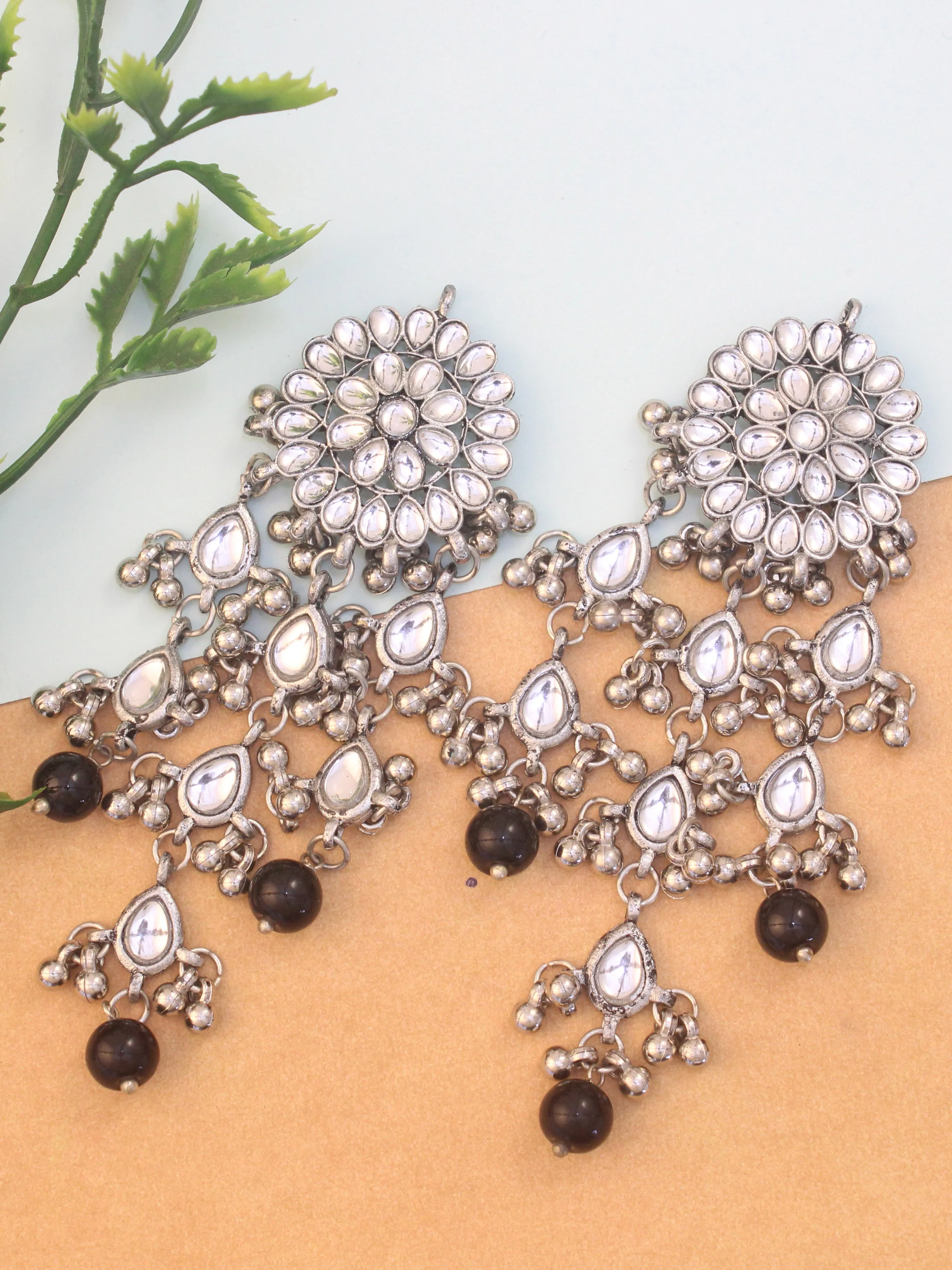 Oxidised Silver Kundan Tassel Earrings