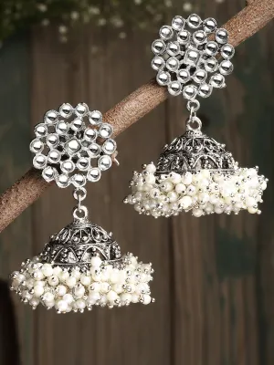 Oxidised Silver Pearl Studded Kudan Jhumki Earrings for Women