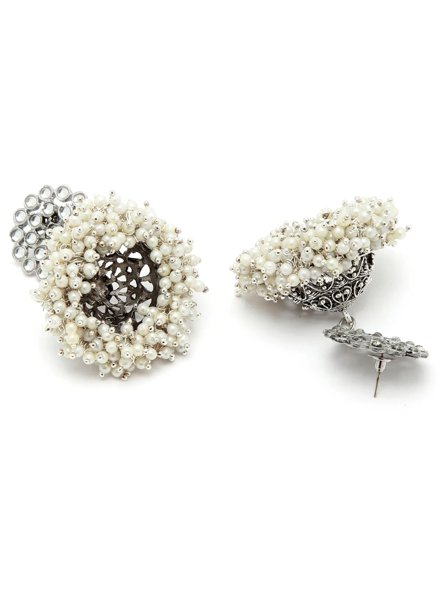 Oxidised Silver Pearl Studded Kudan Jhumki Earrings for Women