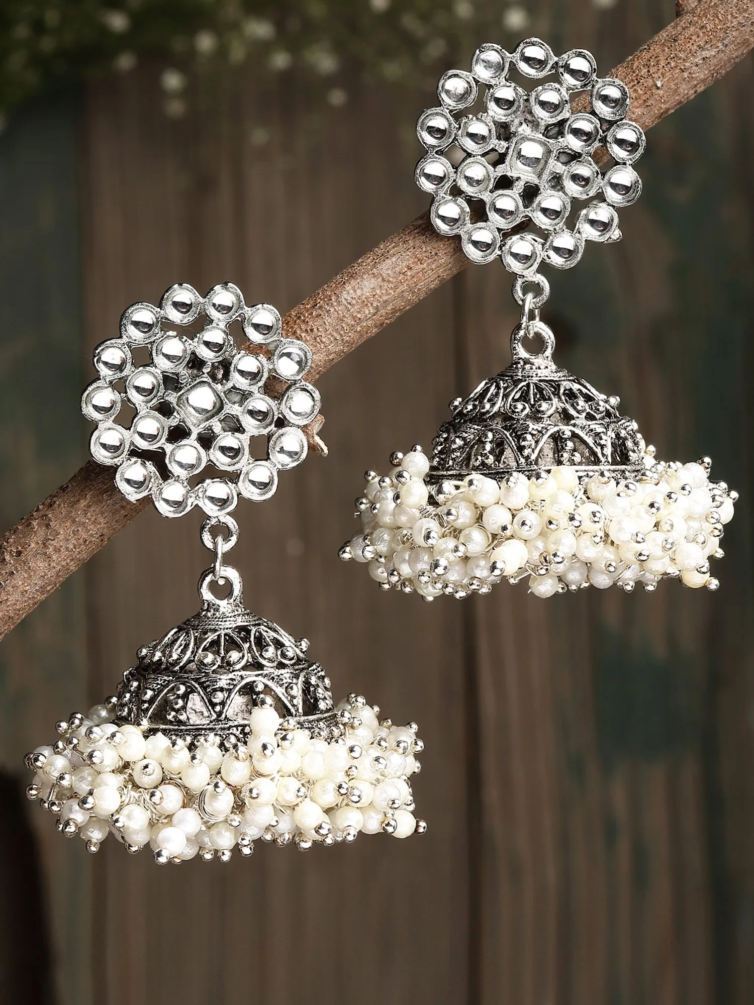 Oxidised Silver Pearl Studded Kudan Jhumki Earrings for Women