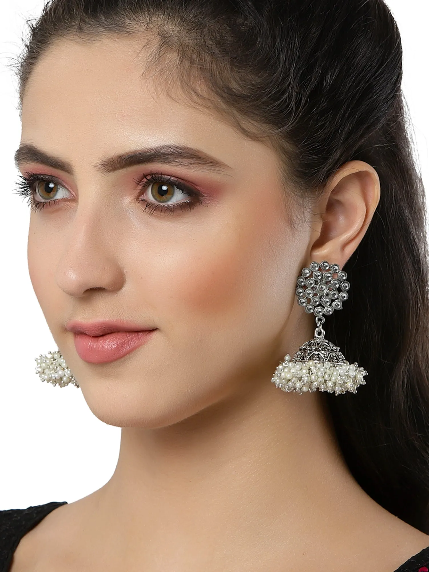 Oxidised Silver Pearl Studded Kudan Jhumki Earrings for Women