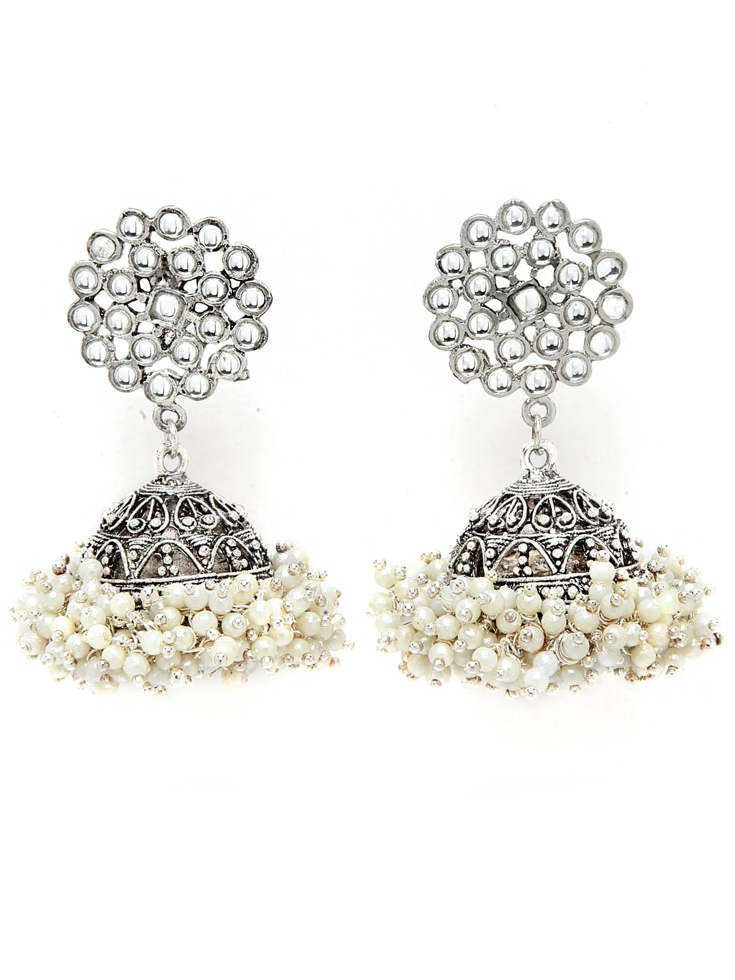 Oxidised Silver Pearl Studded Kudan Jhumki Earrings for Women