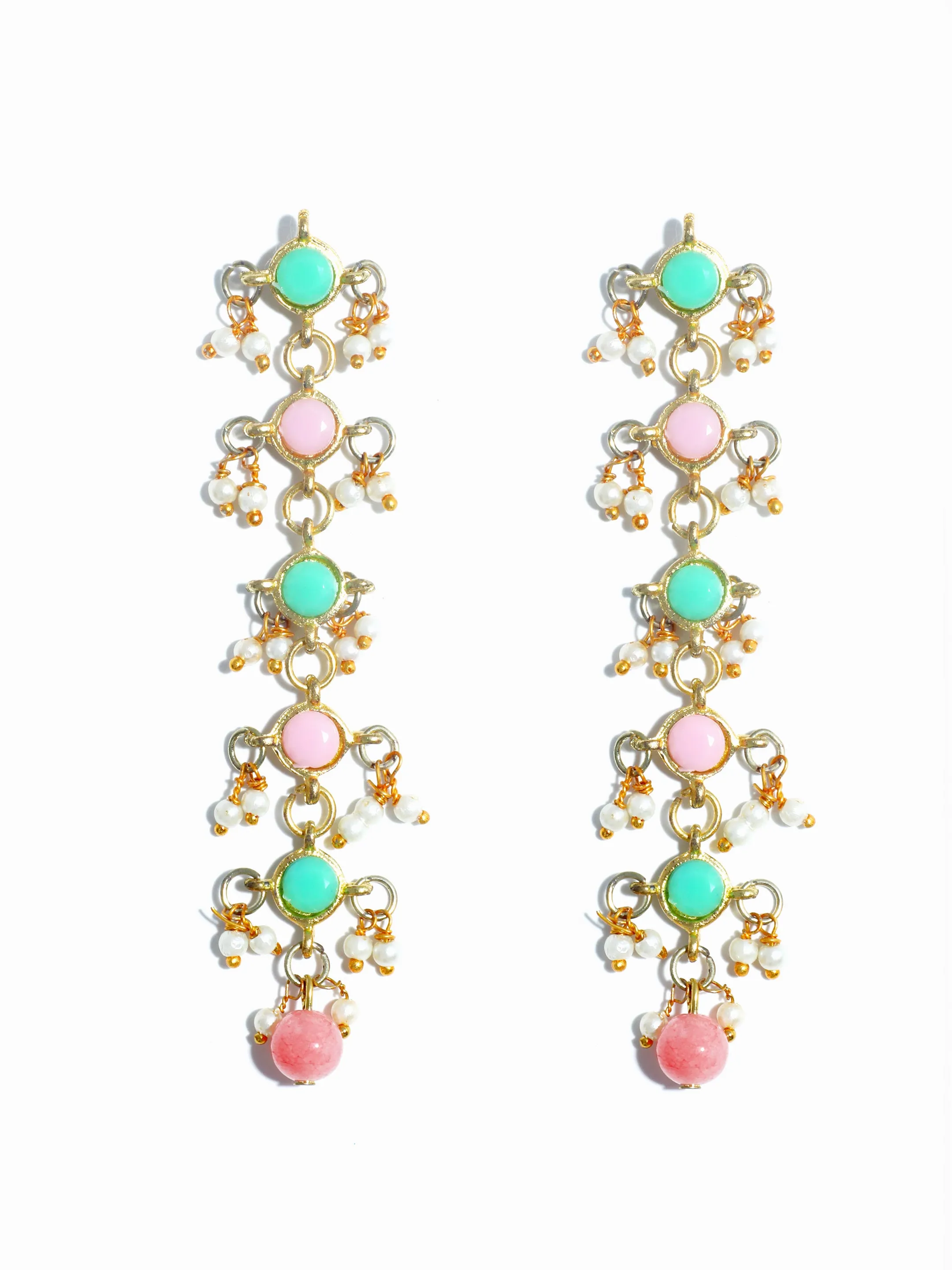 Peach and Lime Green Kundan Dangler Earrings