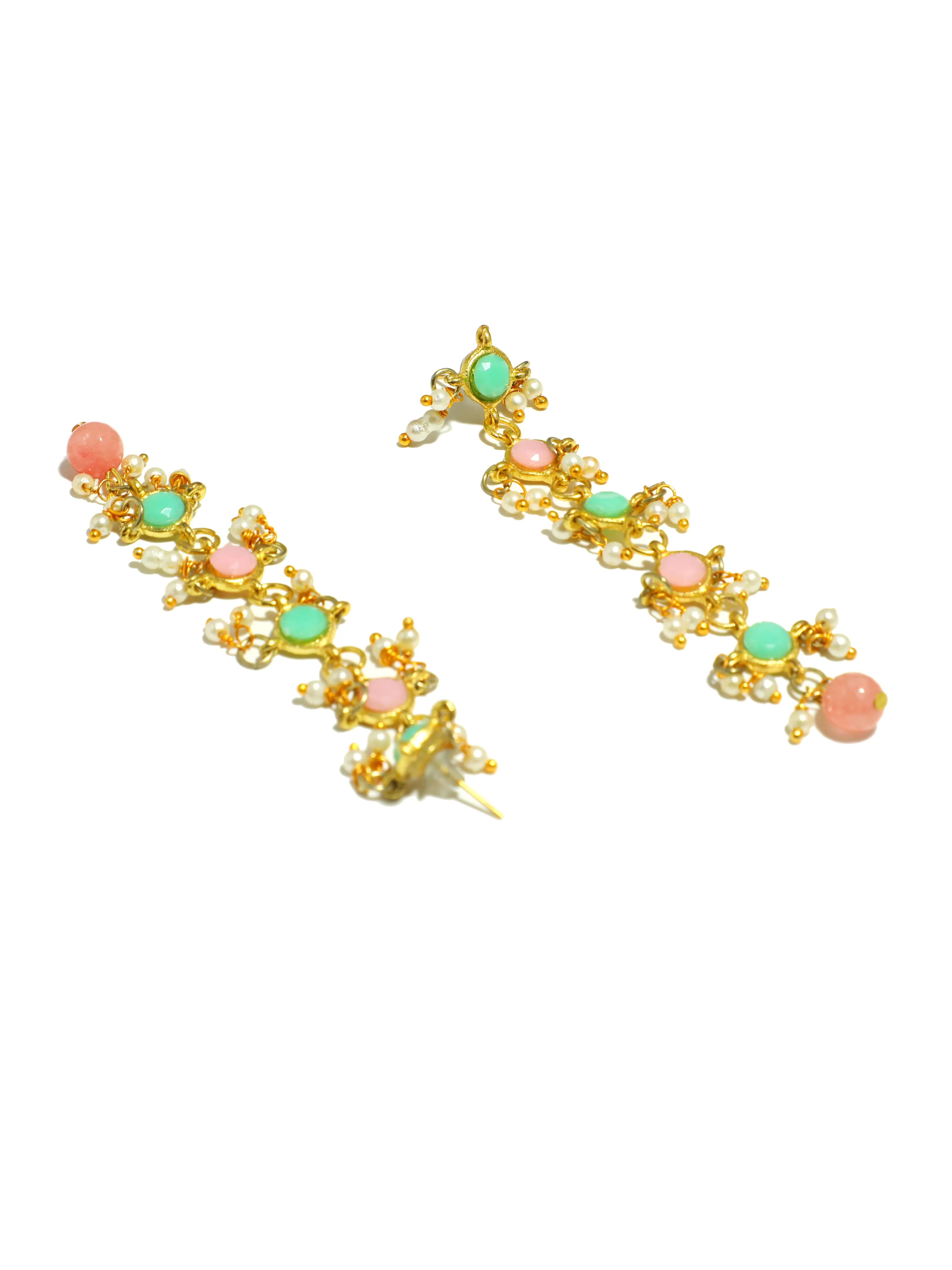 Peach and Lime Green Kundan Dangler Earrings
