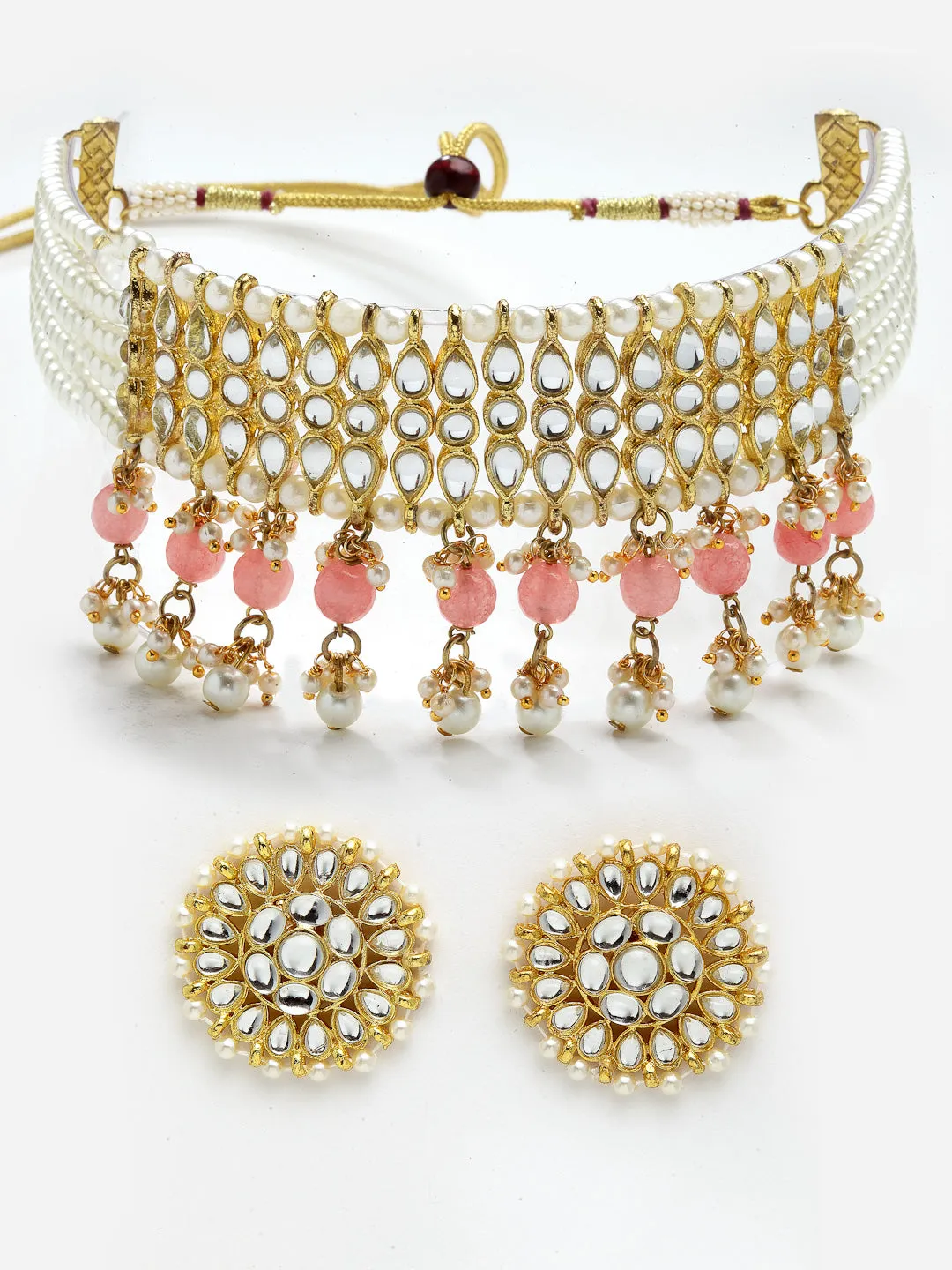 Peach Gold Plated Tesselled Choker Necklace Set