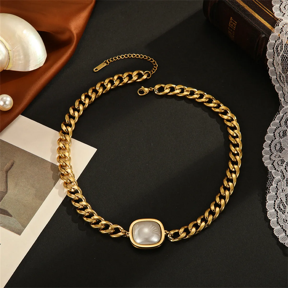 Pearl & 18K Gold-Plated Curb Chain Pendant Necklace