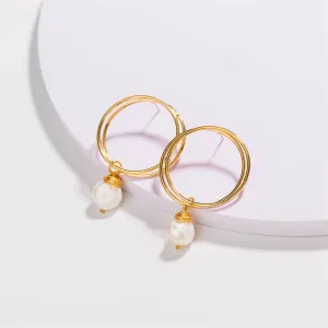 Pearl & 18K Gold-Plated Double Hoop Drop Earrings