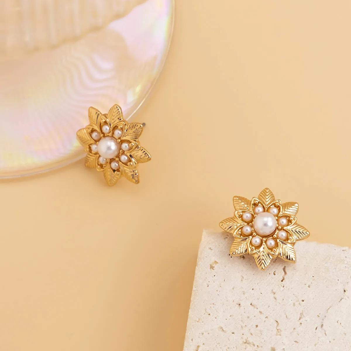 Pearl & 18K Gold-Plated Flower Stud Earrings